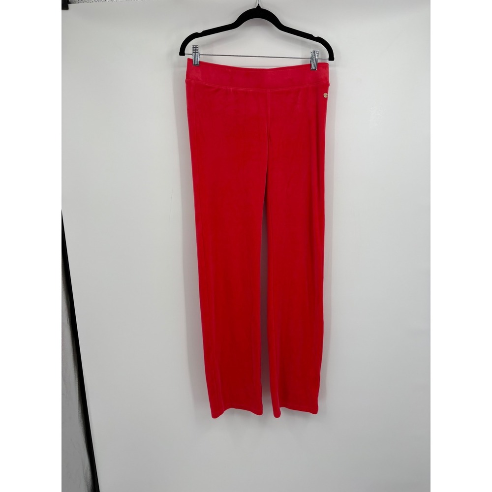 Lilly Pulitzer Velour Lounge Pants Red Pink Wide Leg Small Gold Logo Charm
